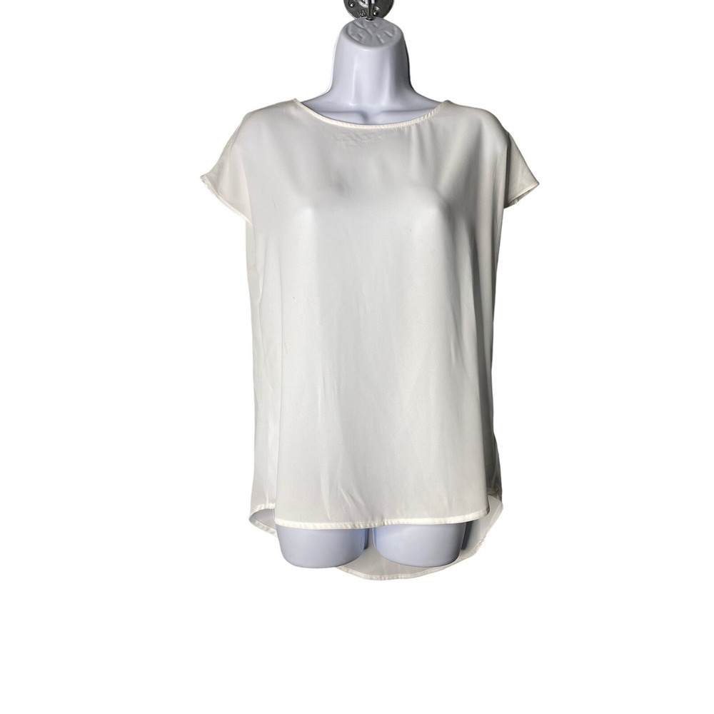 Pleione Round Neck Short Sleeve High-Low Tunic Top in White Size XS‎